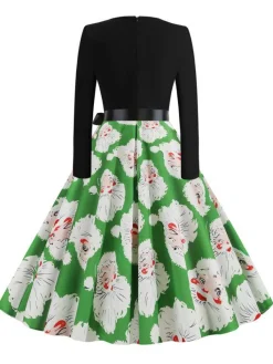 Online Retro Stage 1950s V-Neck Christmas Santa Belted Swing Dress Light Green