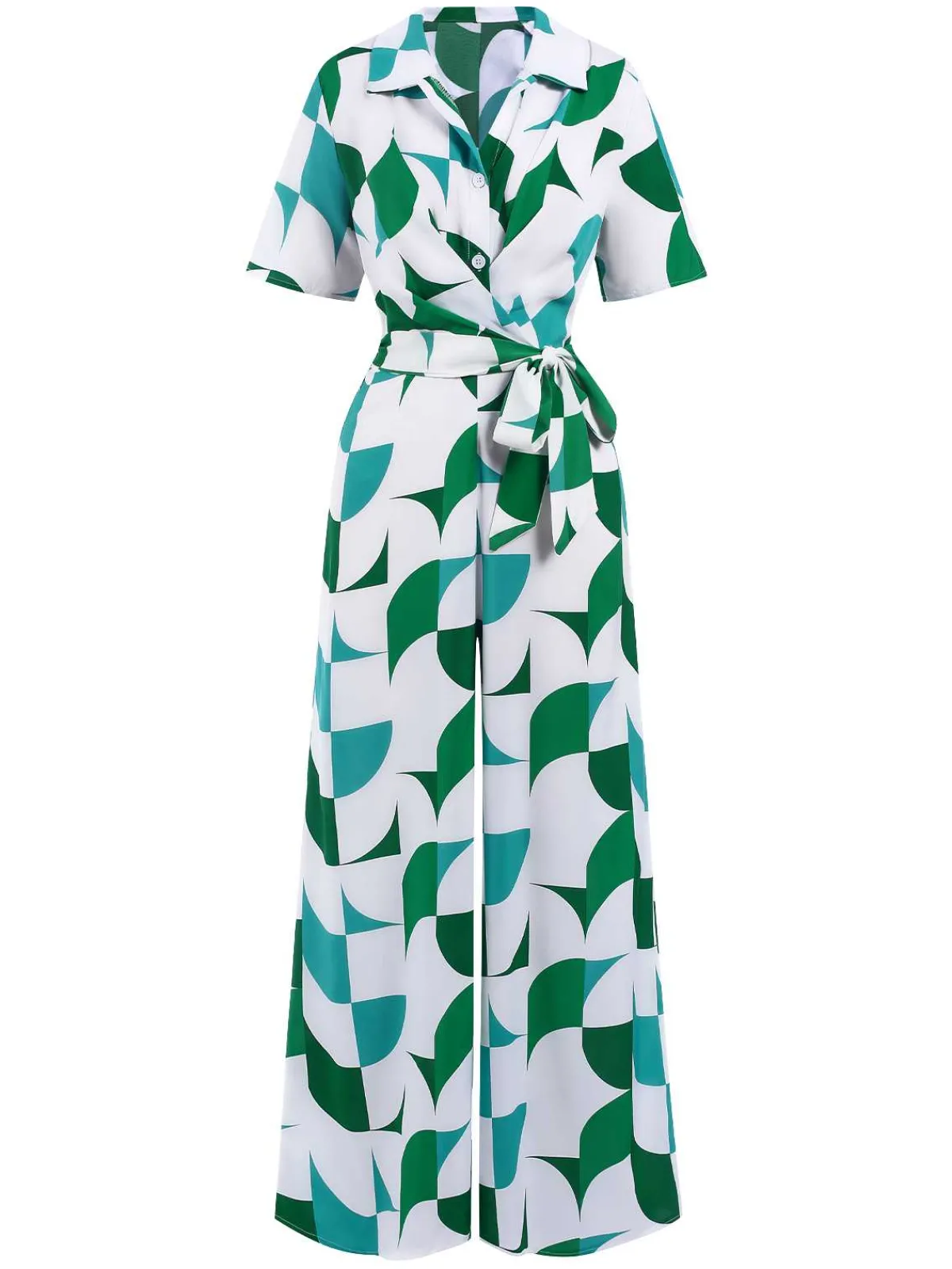 Outlet Retro Stage 1940s V-Neck Contrast Print Belted Jumpsuit Green
