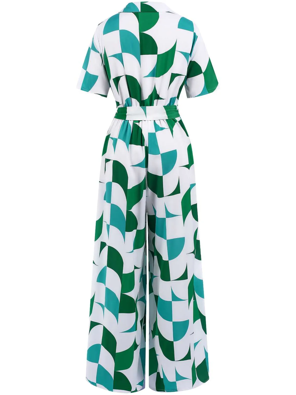 Outlet Retro Stage 1940s V-Neck Contrast Print Belted Jumpsuit Green