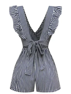 Clearance Retro Stage 1930s V-Neck Contrast Stripes Ruffles Romper Black
