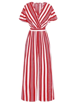 Sale Retro Stage 1970s V-Neck Contrast Stripes Jumpsuit