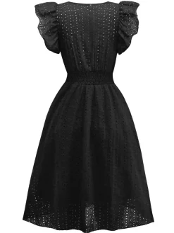 Clearance Retro Stage 1940s V-Neck Cutout Cotton Smocked Ruffled Dress