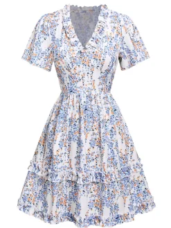 Fashion Retro Stage 1970s V-Neck Ditsy Floral Wrinkle Dress White