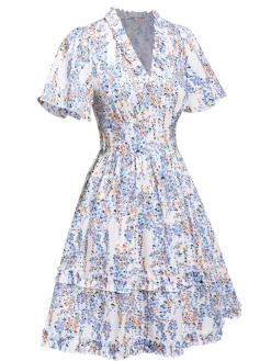 Fashion Retro Stage 1970s V-Neck Ditsy Floral Wrinkle Dress White