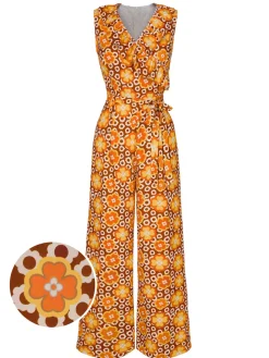 Outlet Retro Stage 1970s V-Neck Floral Belted Sleeveless Jumpsuit Orange