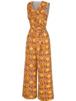 Outlet Retro Stage 1970s V-Neck Floral Belted Sleeveless Jumpsuit Orange