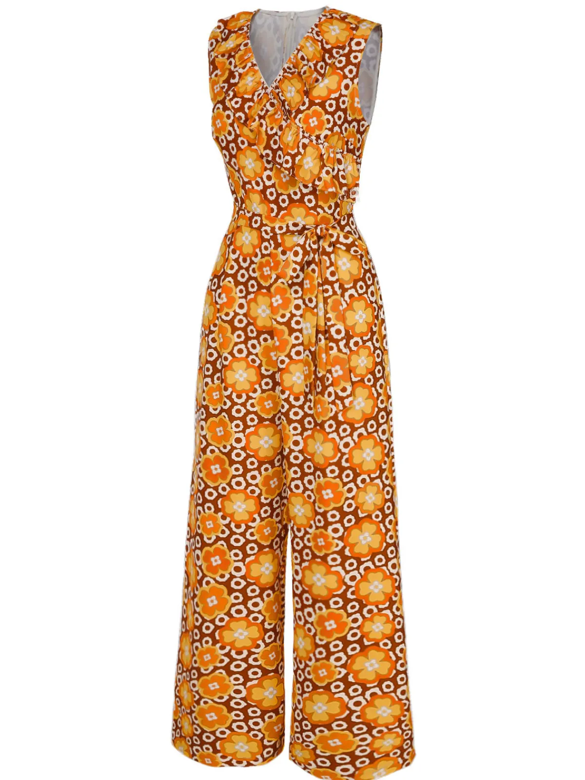 Outlet Retro Stage 1970s V-Neck Floral Belted Sleeveless Jumpsuit Orange