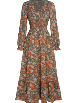 Hot Retro Stage 1940s V-Neck Floral Long-Sleeved Dress Multicolor