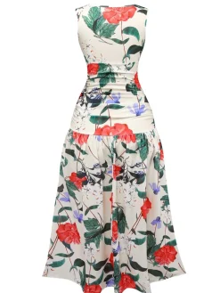 Sale Retro Stage 1940s V-Neck Floral Ruched Sleeveless Dress Multicolor