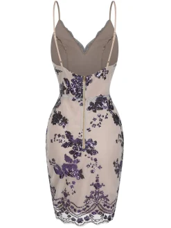 Outlet Retro Stage 1970s V-Neck Floral Sequined Straps Dress
