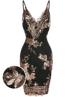 Outlet Retro Stage 1970s V-Neck Floral Sequined Straps Dress