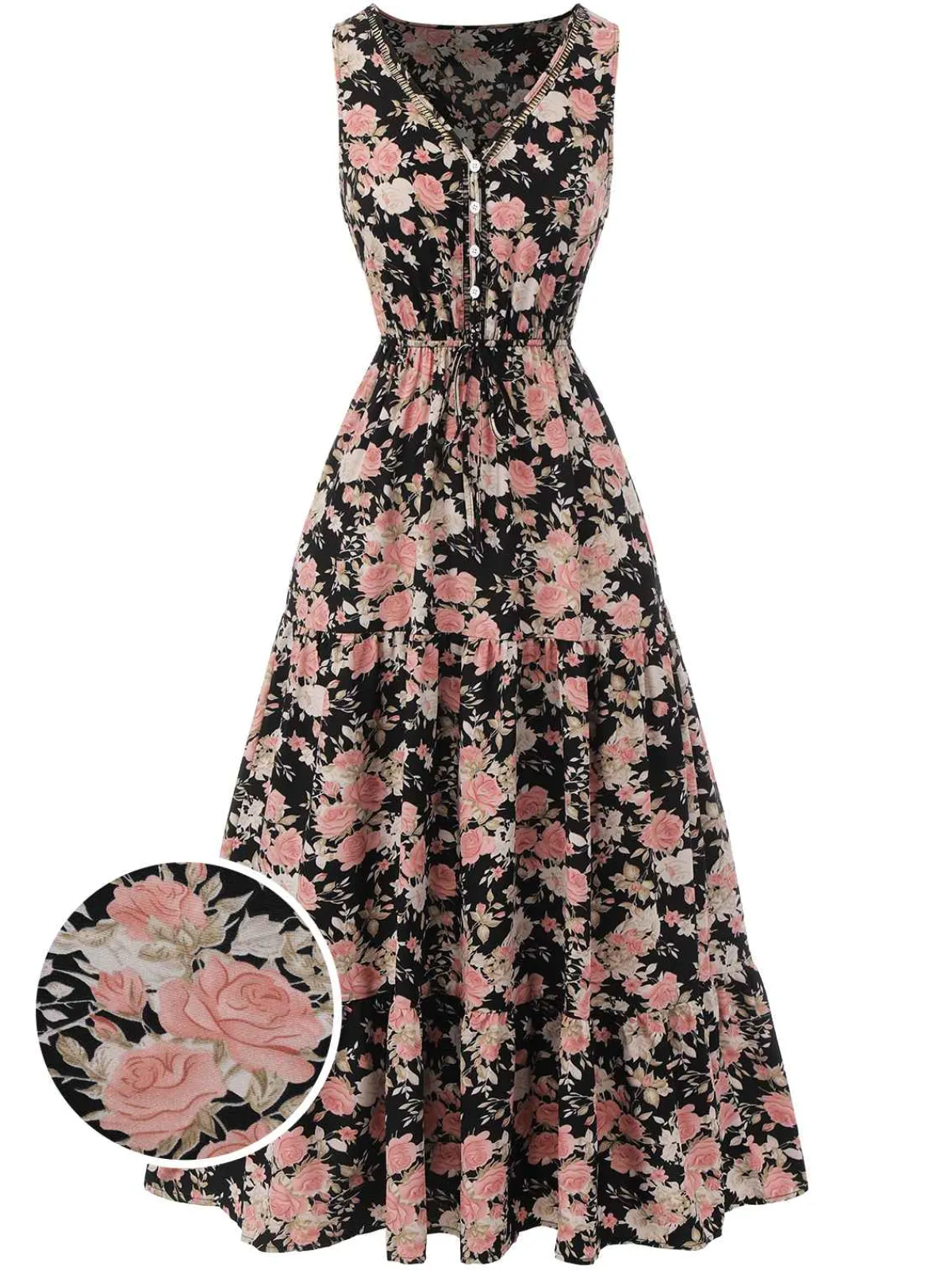 Online Retro Stage 1930s V-Neck Floral Sleeveless Dress