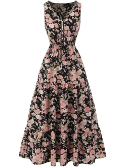 Online Retro Stage 1930s V-Neck Floral Sleeveless Dress