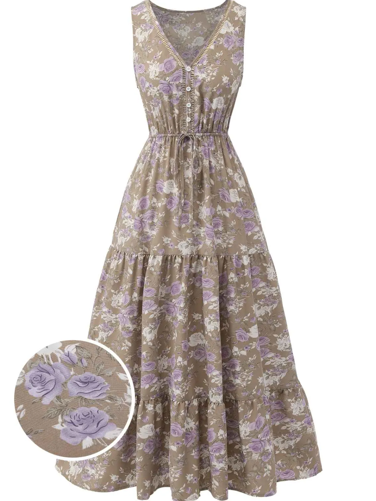 Online Retro Stage 1930s V-Neck Floral Sleeveless Dress