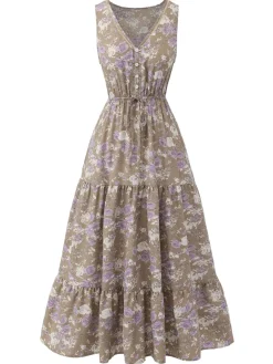 Online Retro Stage 1930s V-Neck Floral Sleeveless Dress