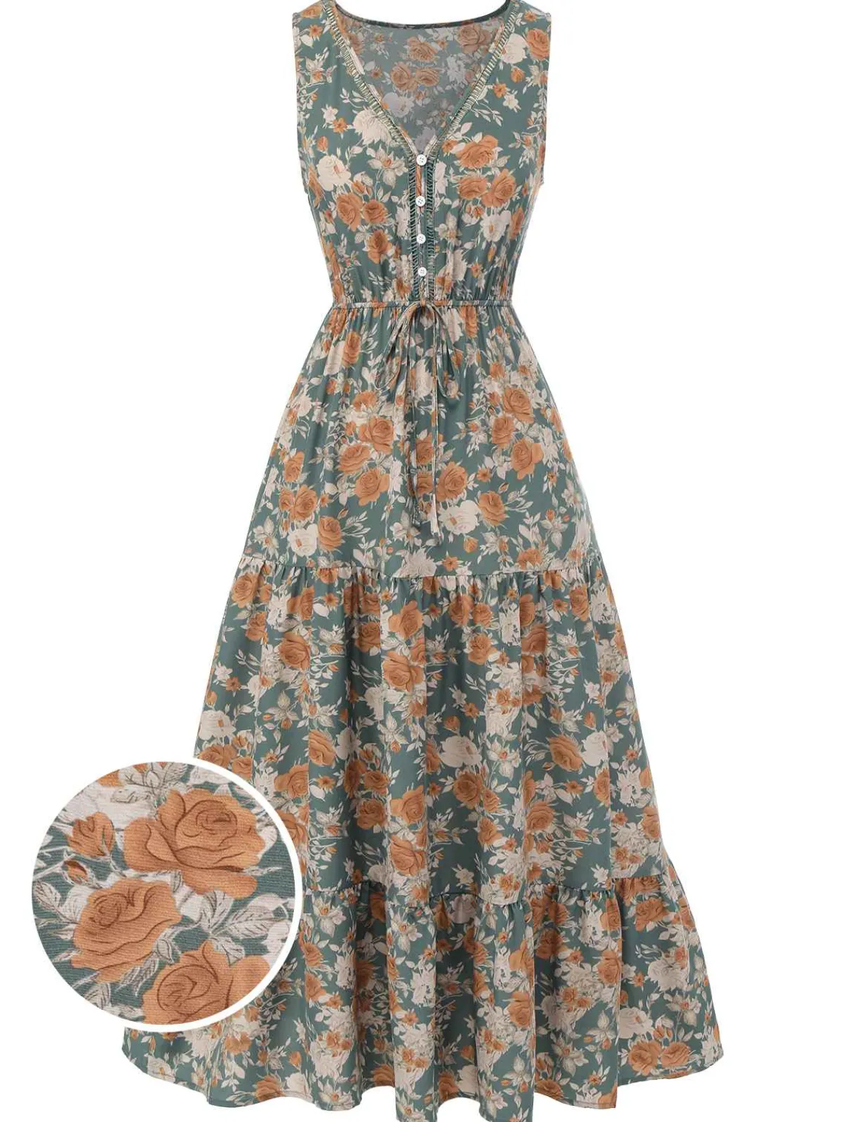 Online Retro Stage 1930s V-Neck Floral Sleeveless Dress