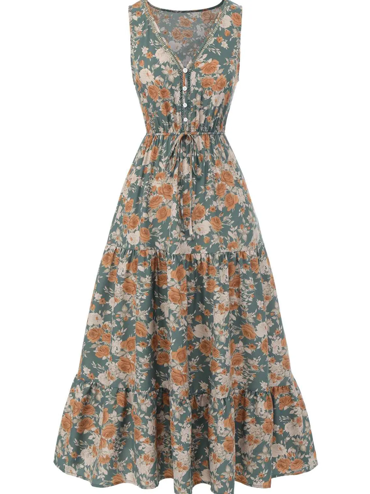 Online Retro Stage 1930s V-Neck Floral Sleeveless Dress
