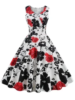 Outlet Retro Stage 1950s V-Neck Floral Sleeveless Dress