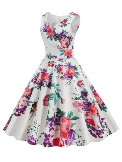 Outlet Retro Stage 1950s V-Neck Floral Sleeveless Dress