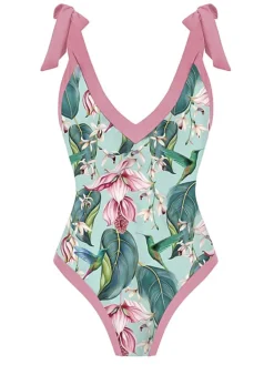 Online Retro Stage 1950s V-Neck Flowers Lacing Swimsuit