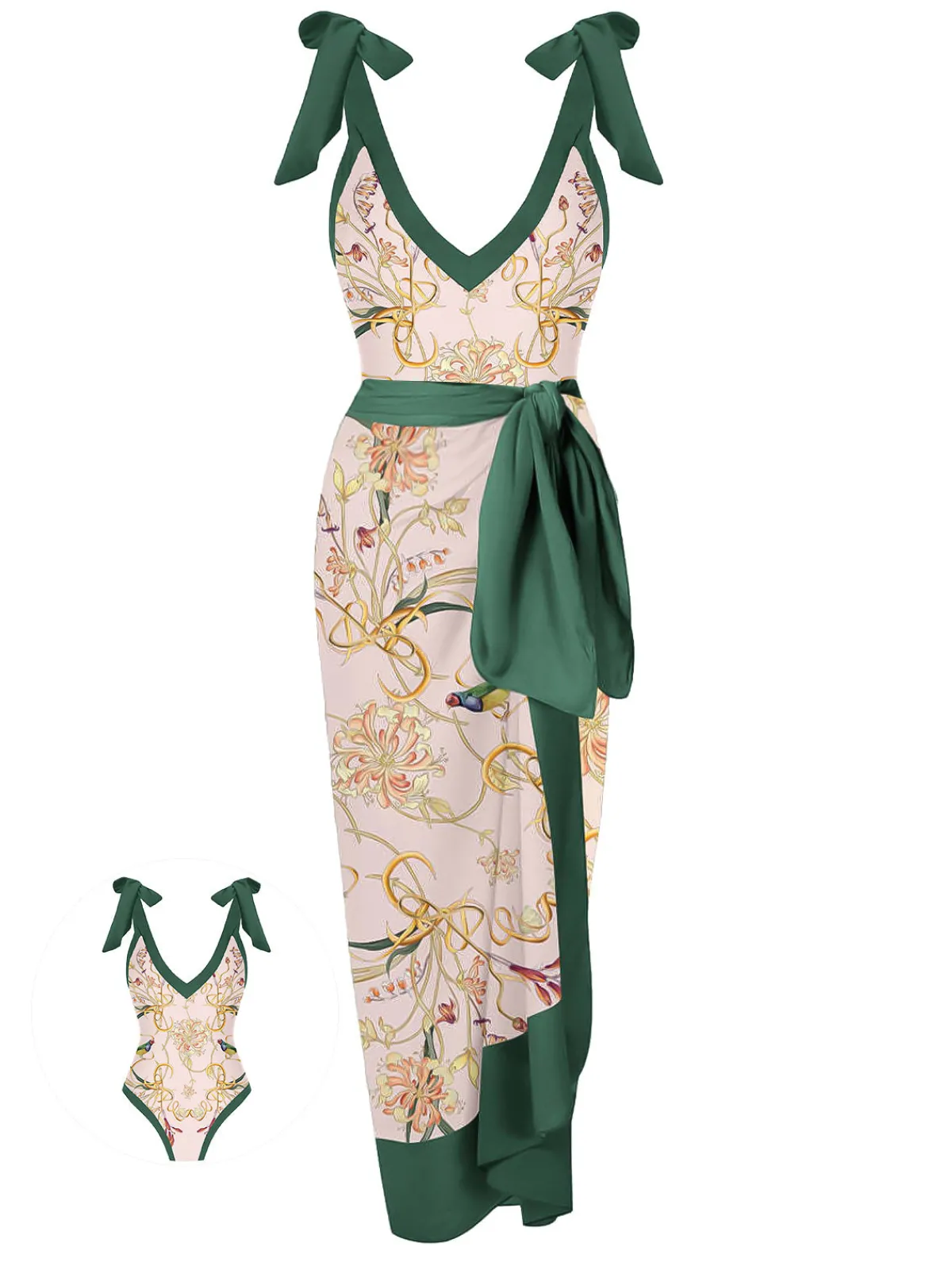 New Retro Stage 1950s V-Neck Flowers Lacing Swimsuit & Cover Up