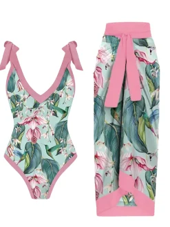 New Retro Stage 1950s V-Neck Flowers Lacing Swimsuit & Cover Up