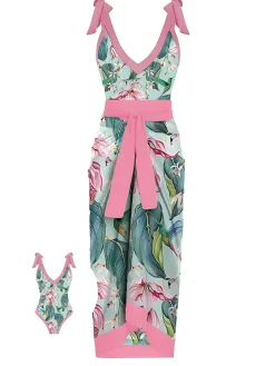New Retro Stage 1950s V-Neck Flowers Lacing Swimsuit & Cover Up