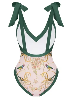 New Retro Stage 1950s V-Neck Flowers Lacing Swimsuit & Cover Up