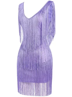 Online Retro Stage 1920s V-Neck Fringe Solid Sleeveless Dress