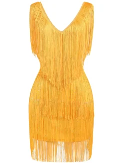 Online Retro Stage 1920s V-Neck Fringe Solid Sleeveless Dress