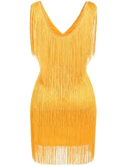 Online Retro Stage 1920s V-Neck Fringe Solid Sleeveless Dress