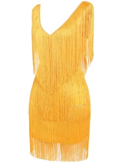 Online Retro Stage 1920s V-Neck Fringe Solid Sleeveless Dress
