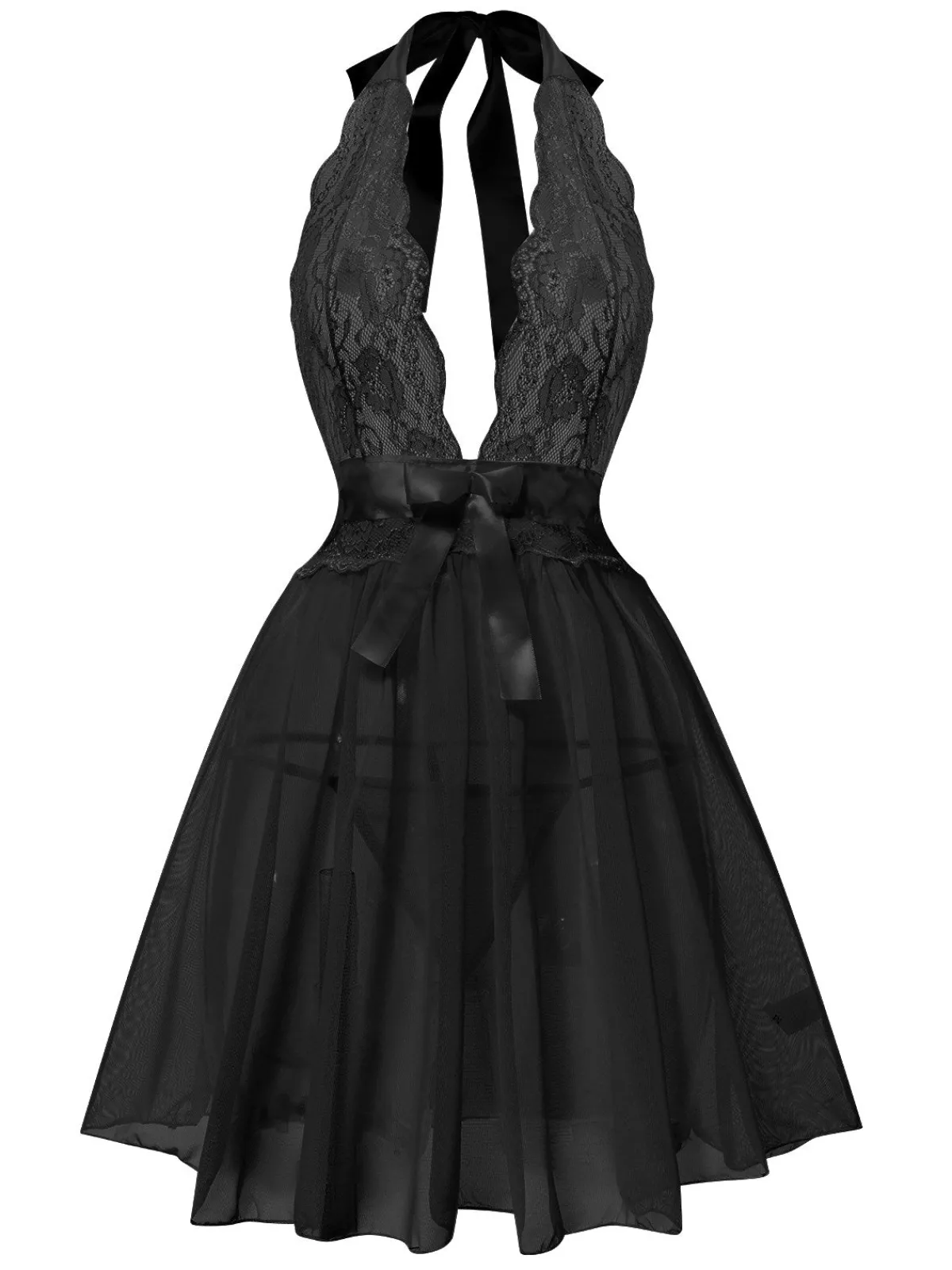 Online Retro Stage 1950s V-Neck Halter Lace Sheer Nightgown