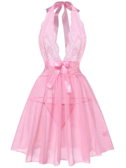 Online Retro Stage 1950s V-Neck Halter Lace Sheer Nightgown