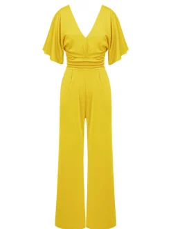 Hot Retro Stage 1930s V-Neck Knitted Solid Jumpsuit