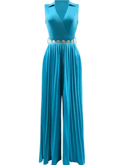 Best Retro Stage 1930s V-Neck Lapel Pleated Wide-Leg Jumpsuit