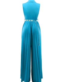 Best Retro Stage 1930s V-Neck Lapel Pleated Wide-Leg Jumpsuit