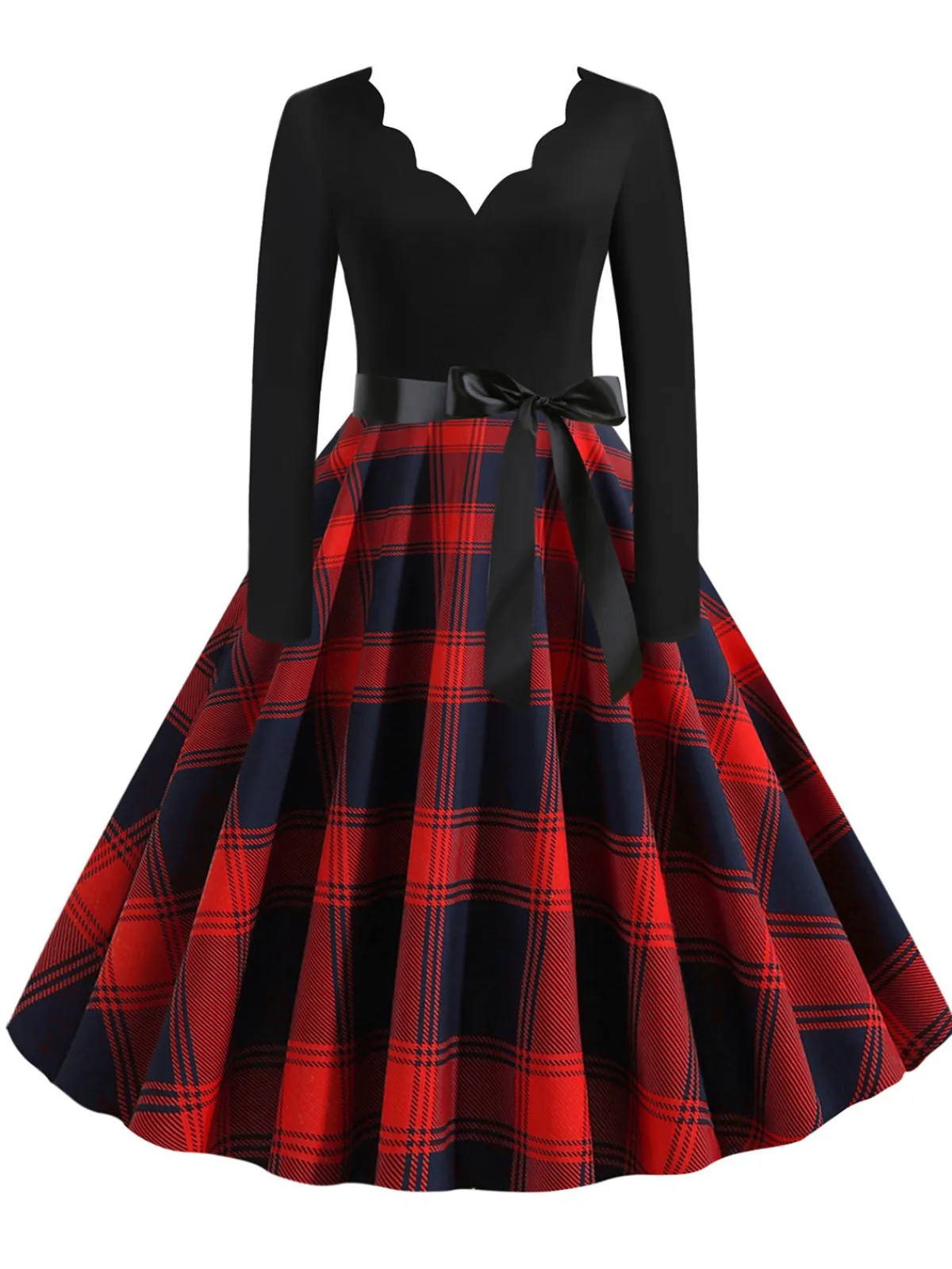 Clearance Retro Stage 1950s V-Neck Long Sleeves Plaid Swing Dress