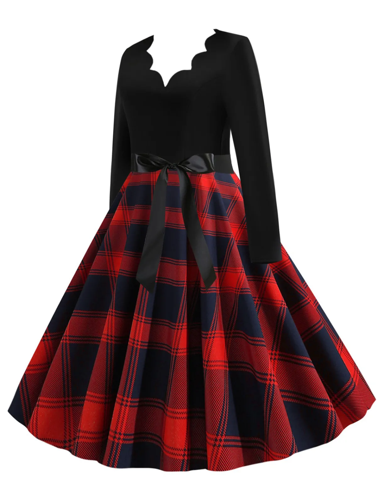 Clearance Retro Stage 1950s V-Neck Long Sleeves Plaid Swing Dress