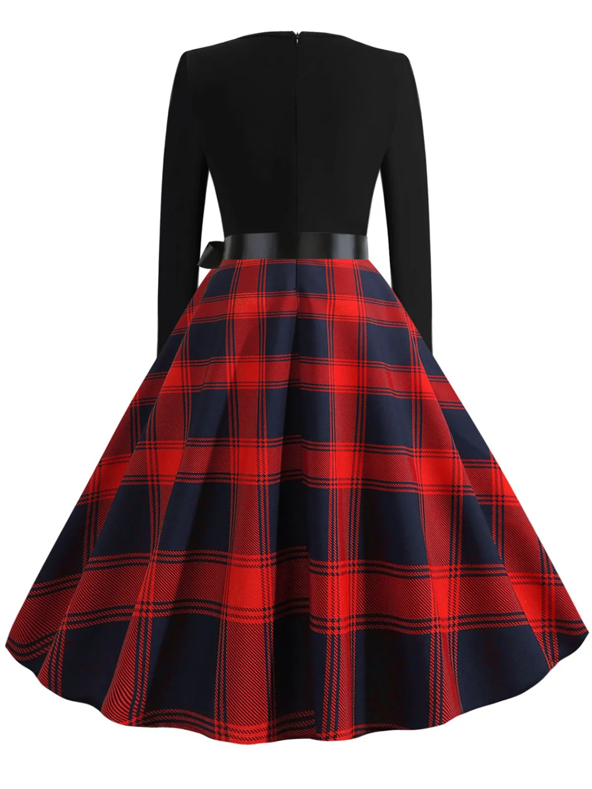 Clearance Retro Stage 1950s V-Neck Long Sleeves Plaid Swing Dress