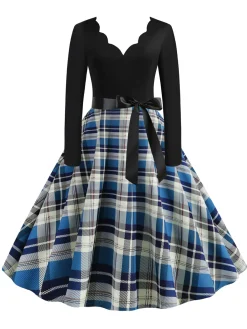 Clearance Retro Stage 1950s V-Neck Long Sleeves Plaid Swing Dress