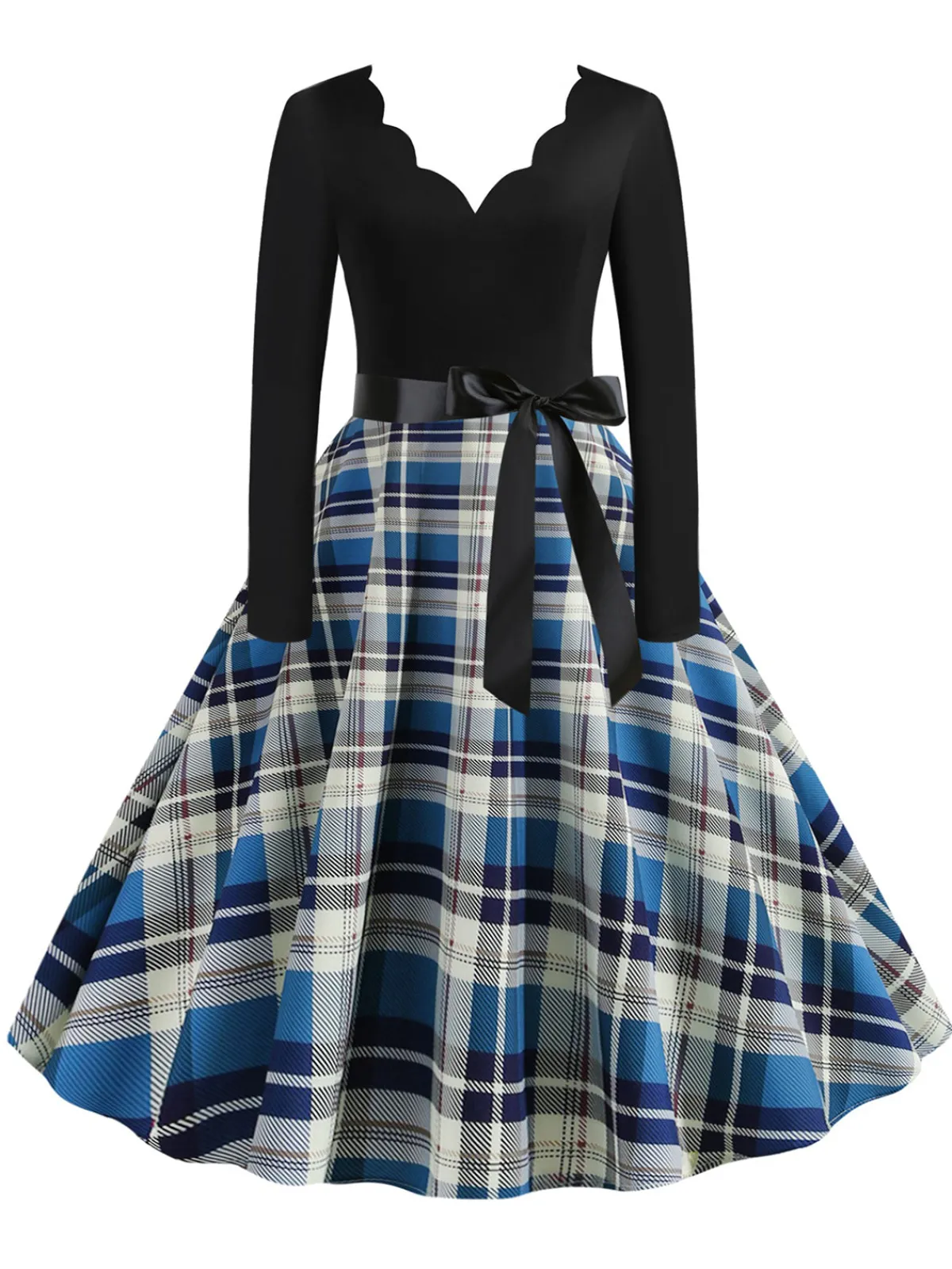 Clearance Retro Stage 1950s V-Neck Long Sleeves Plaid Swing Dress