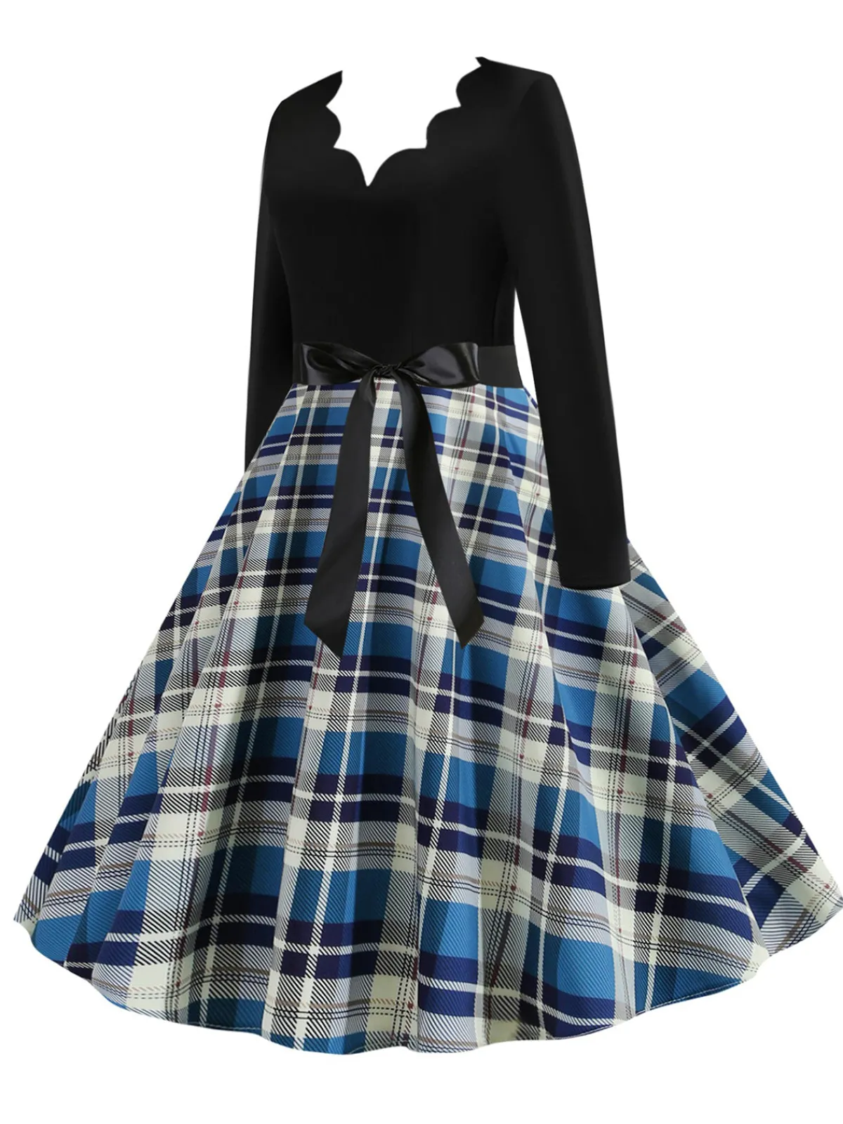 Clearance Retro Stage 1950s V-Neck Long Sleeves Plaid Swing Dress