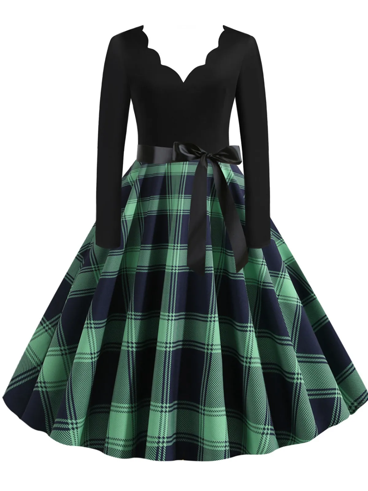 Clearance Retro Stage 1950s V-Neck Long Sleeves Plaid Swing Dress