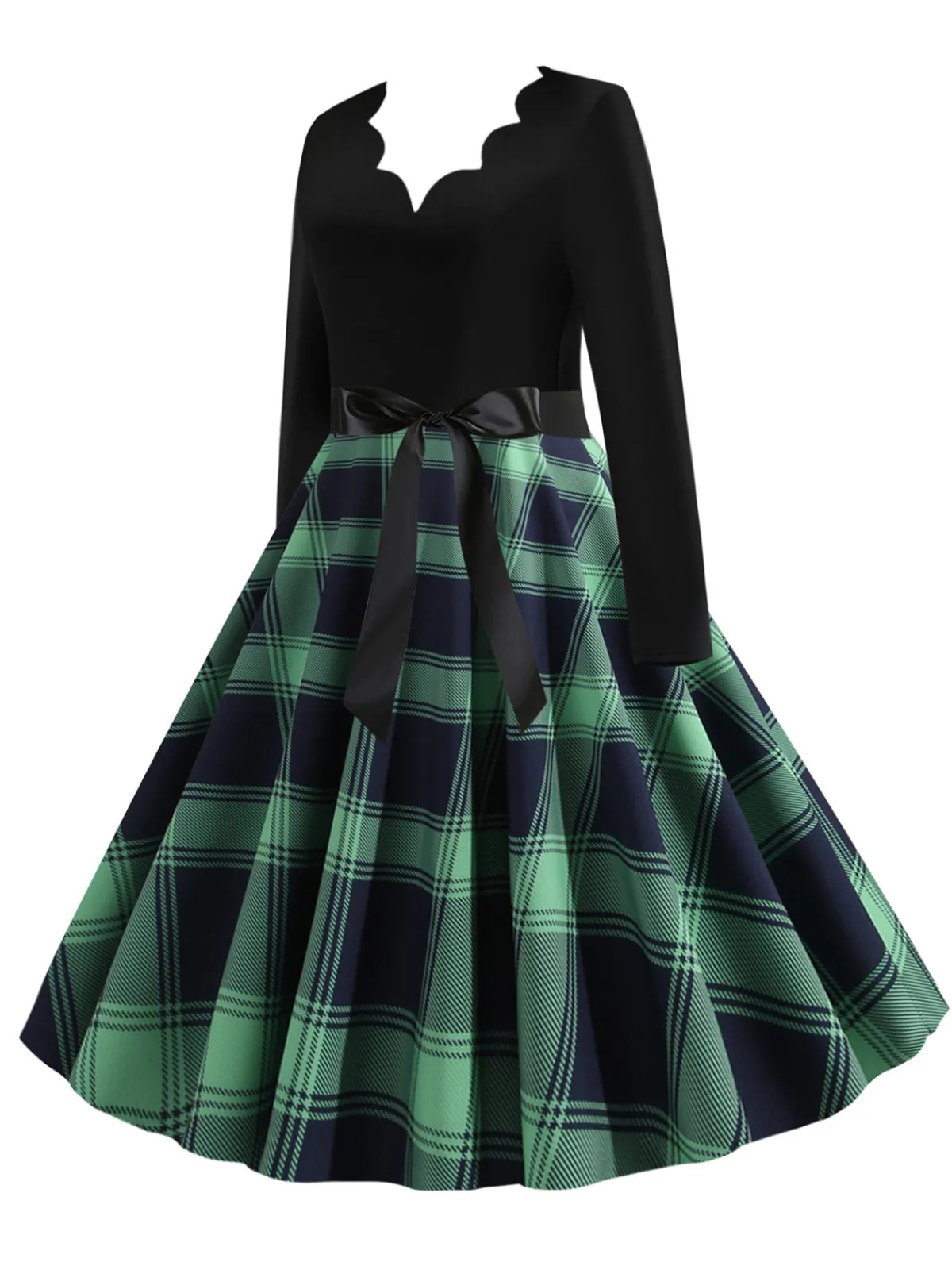 Clearance Retro Stage 1950s V-Neck Long Sleeves Plaid Swing Dress
