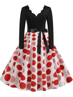 Clearance Retro Stage 1950s V-Neck Long Sleeves Plaid Swing Dress