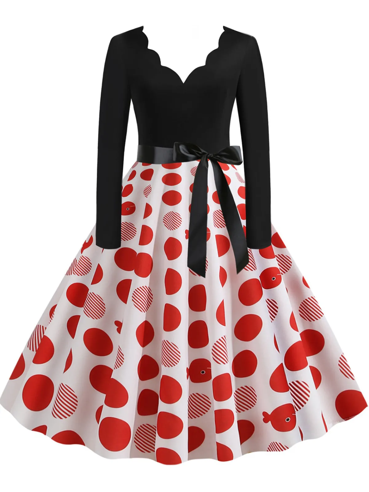 Clearance Retro Stage 1950s V-Neck Long Sleeves Plaid Swing Dress