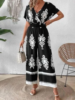 Sale Retro Stage 1930s V-Neck National Totem Wideleg Jumpsuit
