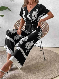 Sale Retro Stage 1930s V-Neck National Totem Wideleg Jumpsuit