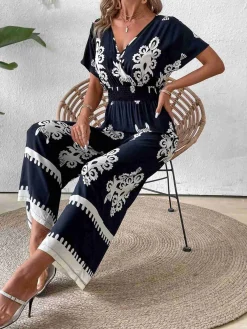 Sale Retro Stage 1930s V-Neck National Totem Wideleg Jumpsuit